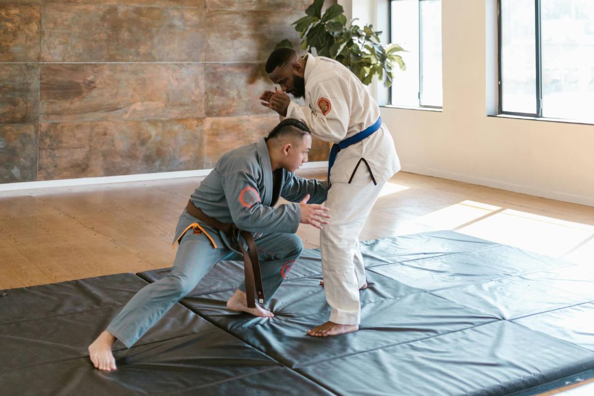 Two men in a Brazilian Jiu-Jitsu bout