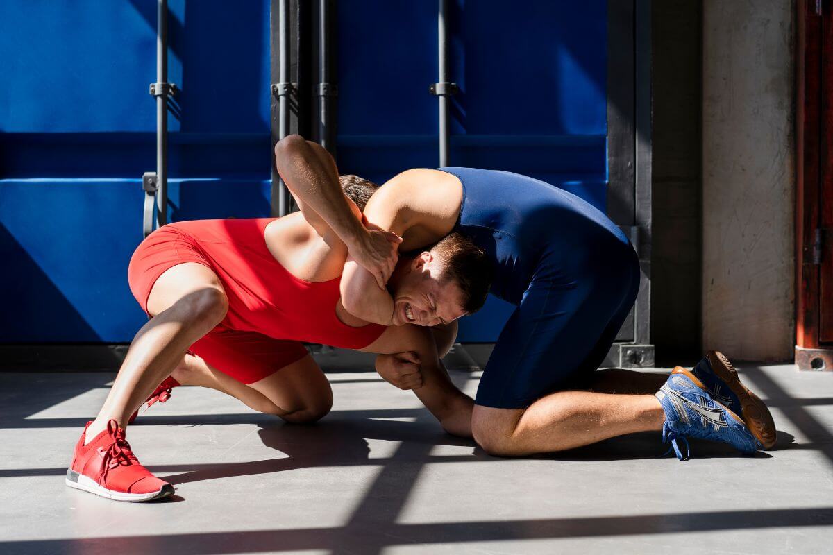 Men demonstrating wrestling combat